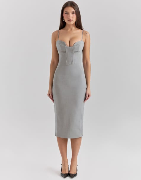 House of CB Kiki mesh panelled bodycon midi dress in light grey