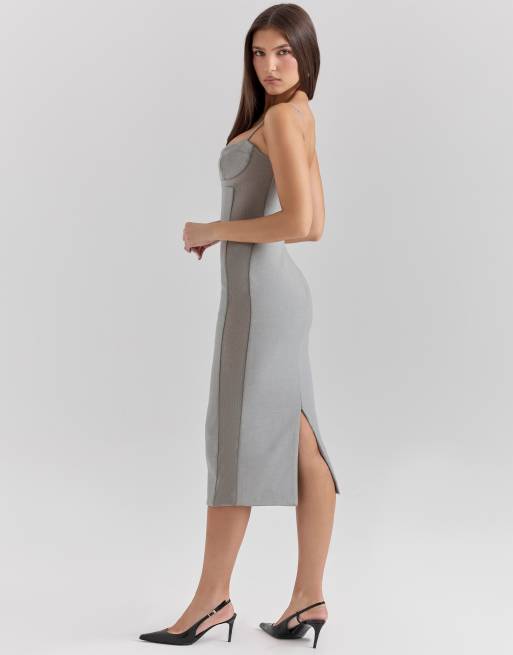 grey bodycon midi dress Grey Rib Jersey Midi Dress Tie Waist main image 1