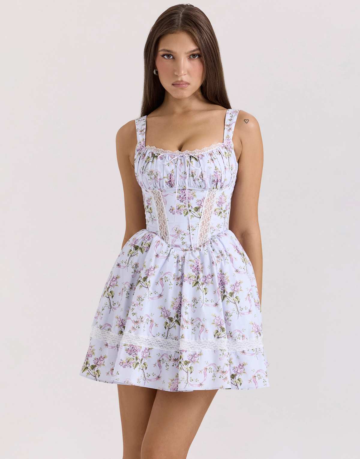 House of CB Kimmie print cotton mini dress in lilac ribbon