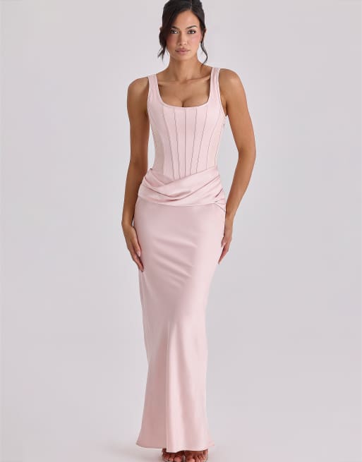 House of CB Kira blush pink satin gathered maxi dress in blush pink | ASOS