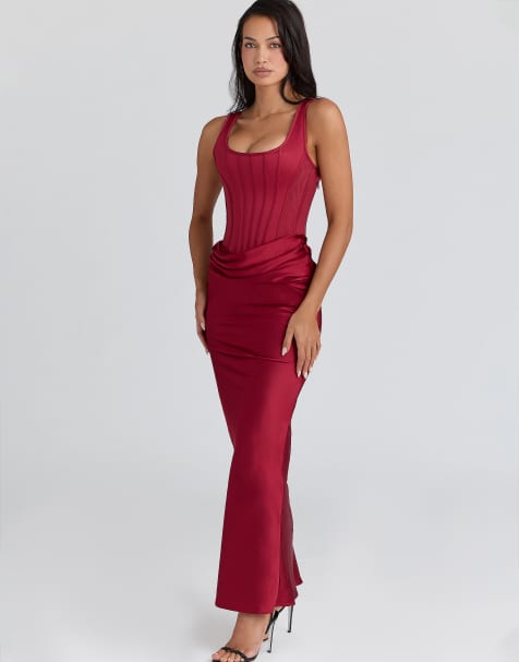 House of CB Kira satin corset maxi dress in red - view 1