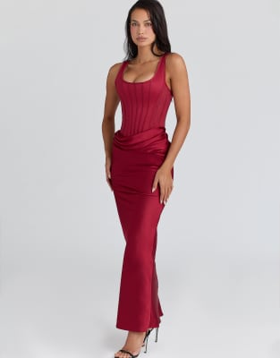 Kira - Satin-Maxikleid in Rot mit Korsettdetail Rot M A-C Cup