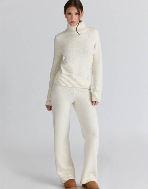 House of CB Lara ivory merino wool ribbed knit trousers in ivory - view 1