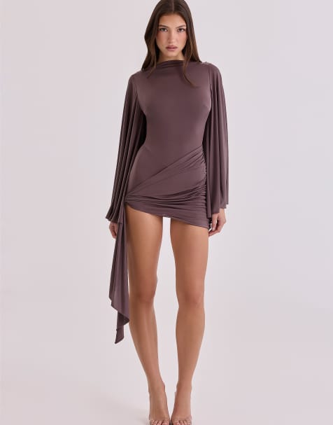 House of CB - Lavine - Combishort près du corps drapée en jersey - Marron espresso - view 1