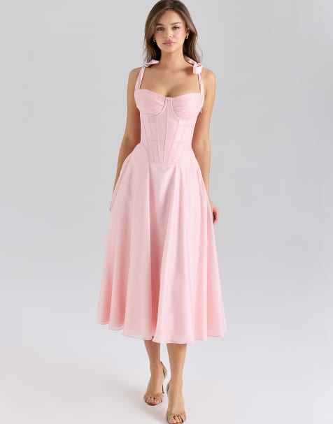 House of CB Leia chiffon tie strap midi dress in pink