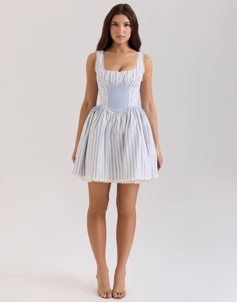House of CB Liesl blue striped pintucked mini dress in blue - view 1