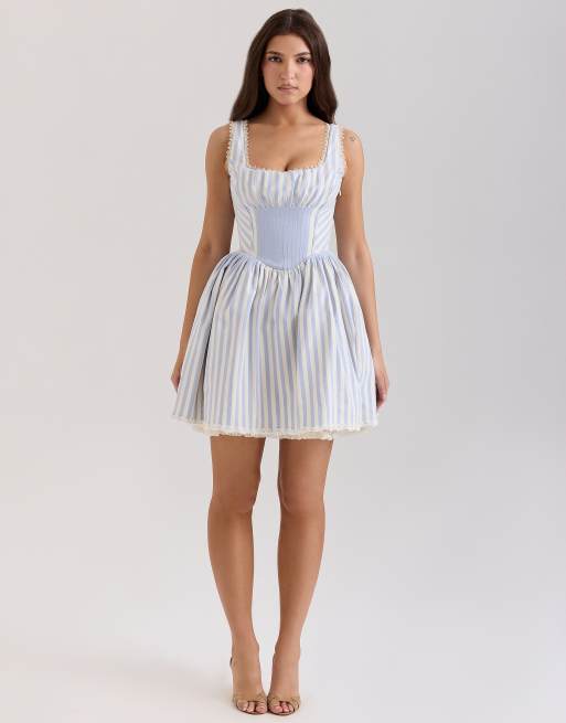 House of CB Liesl blue striped pintucked mini dress in blue