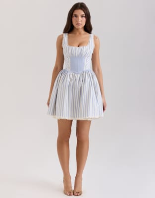 asos House of CB Liesl striped pintucked mini dress in blue