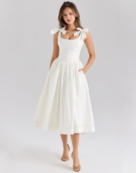 House of CB Lillia stretch cotton bow midi dress in white