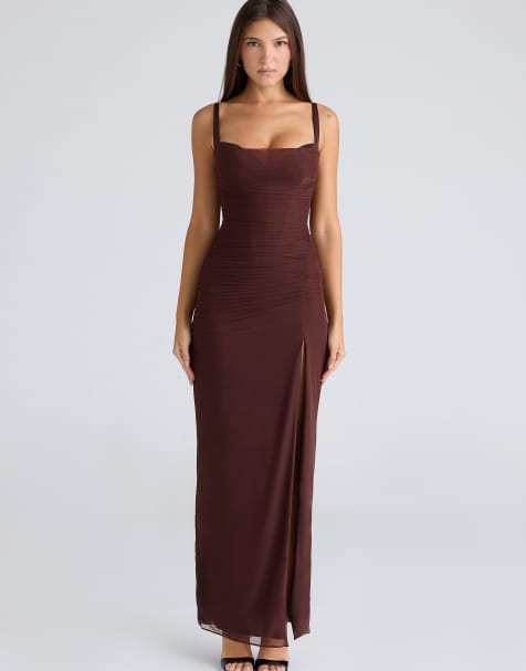 House of CB Lini burgundy stretch mesh maxi dress in burgundy