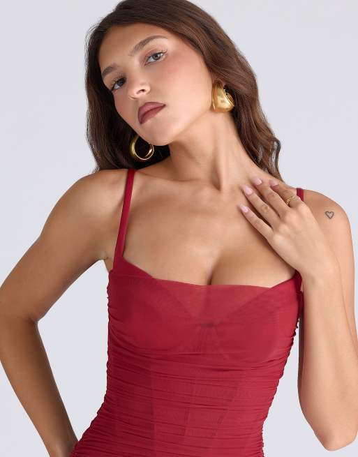 House of CB Lini deep red stretch mesh corset maxi dress in deep red | ASOS
