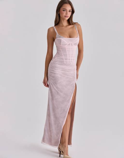 House of CB Lini lace mesh maxi dress in baby pink | ASOS