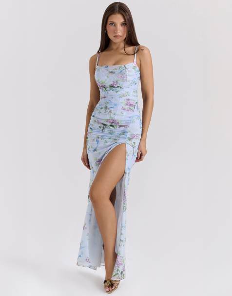 House of CB Lini print mesh maxi dress in blue floral - view 1