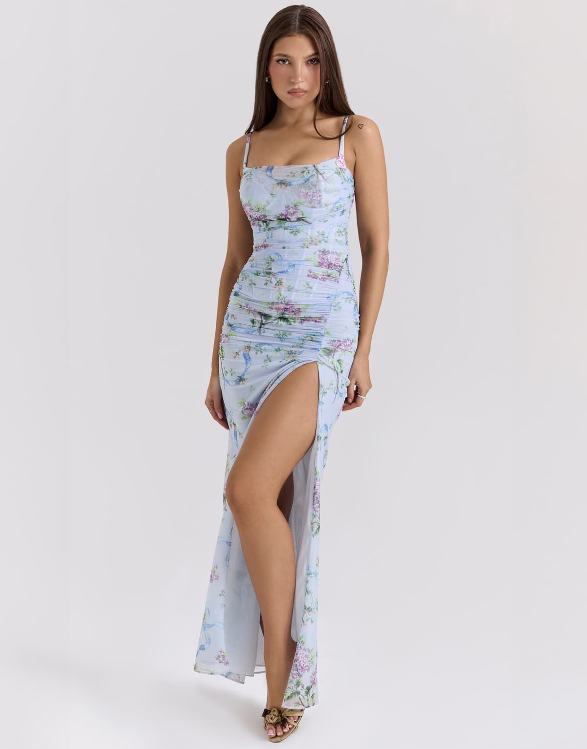 House of CB Lini print mesh maxi dress in blue floral