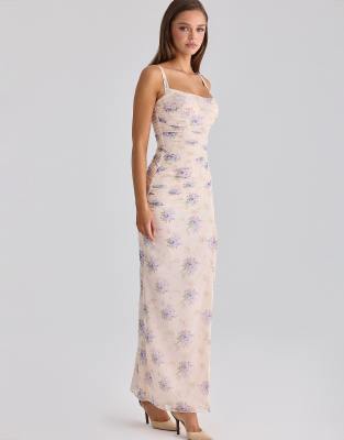 Lini - Robe longue en tulle stretch à imprimé pivoines douces - Ivoire-Blanc XL A-C Cup