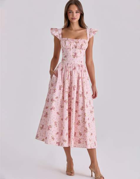 House of CB - Livia - Katoenen midi zonnejurk met bloemenprint in vintage roze - view 1