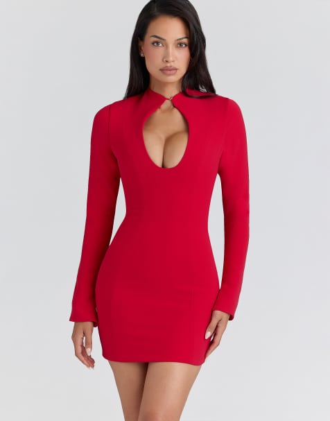 House of CB – Lotus – Crepe-Minikleid in Rot mit Schlüssellochausschnitt - view 1