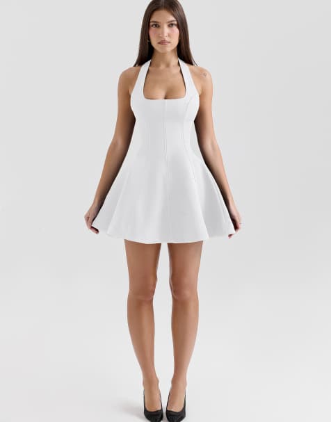 House of CB Loulette white halter neck bow mini dress in white