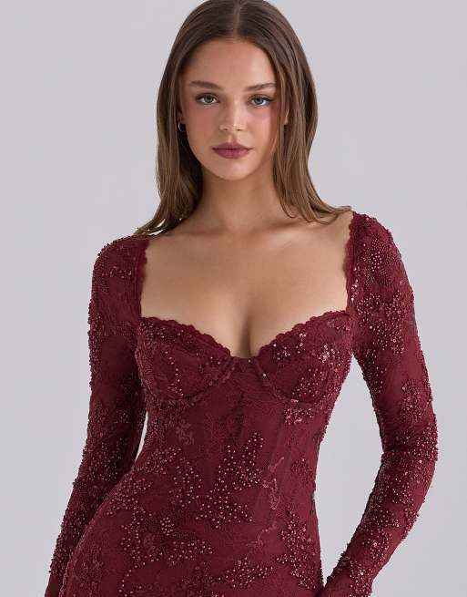House of CB Lucelle cabernet embellished lace mini dress in cabernet, 3 of 4