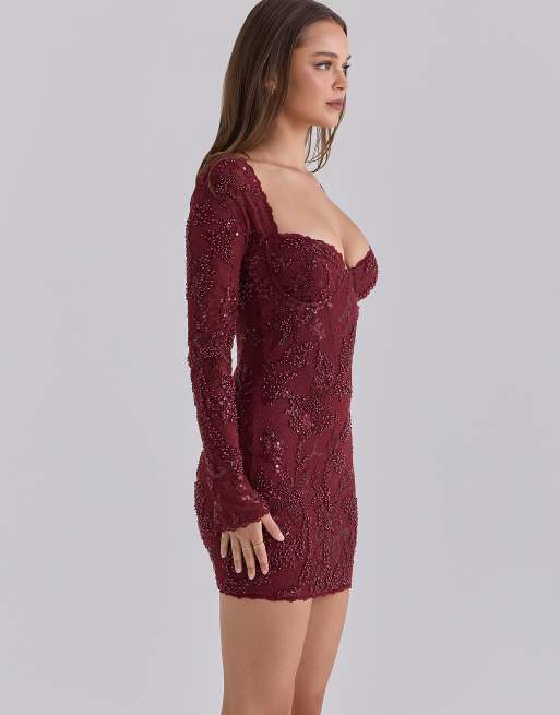 House of CB Lucelle cabernet embellished lace mini dress in cabernet, 4 of 4