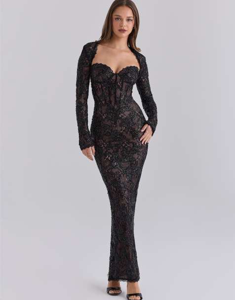 House of CB Lucelle heavily beaded embellished lace maxi dress - limited edition in black - view 1