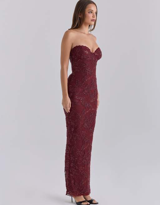 House of CB Lucelle maxi-jurk van kant met versiering in cabernet, 4 van 4
