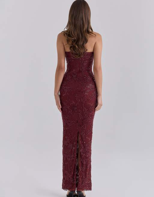 House of CB Lucelle robe longue en dentelle ornée cabernet, 2 de 4