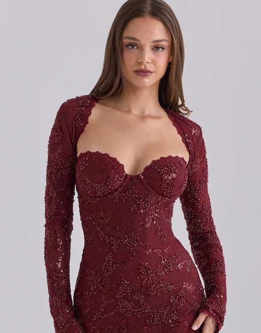 House of CB Lucelle robe longue en dentelle ornée cabernet, 3 de 4