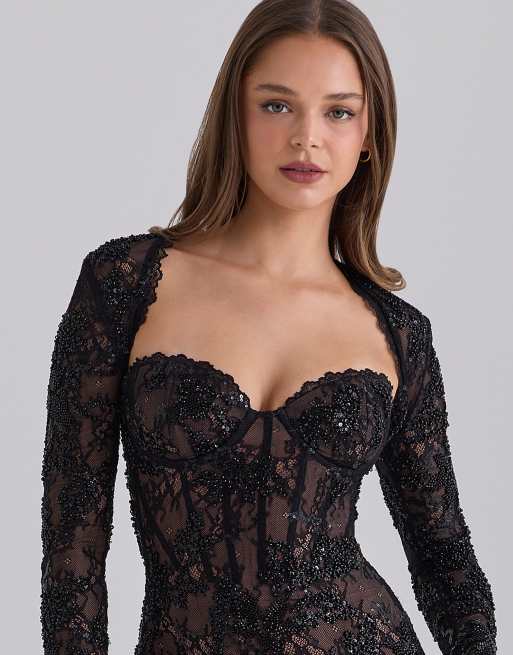 House of CB Lucelle robe longue en dentelle ornée de perles, édition limitée, noire, 3 de 4
