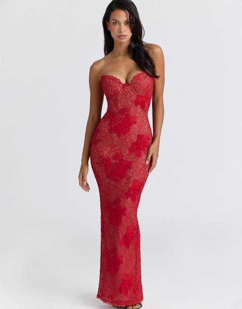 House of CB Lucienne red lace embroidered maxi dress - limited edition in red - view 1