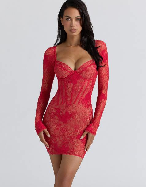 House of CB Lucienne red lace embroidered mini dress - limited edition in red - RED - view 1