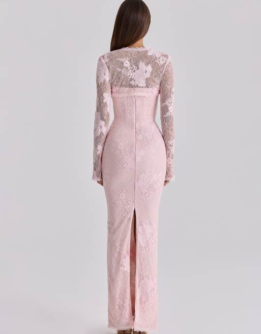 House of CB - Lucienne - Vestito lungo in pizzo rosa, 4 di 4
