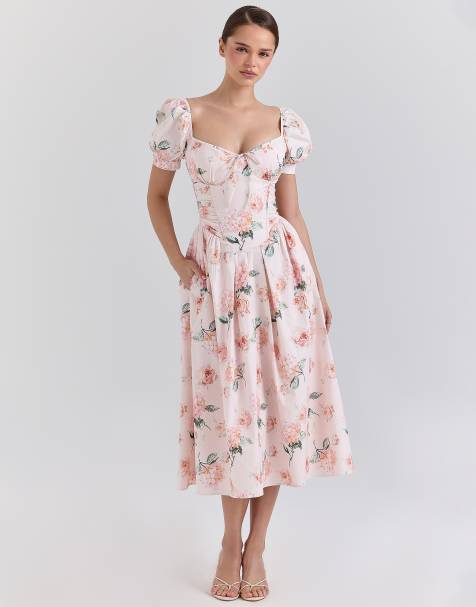 House of CB Lulabell cotton puff sleeve midi dress in peach