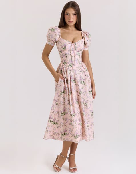House of CB Lulabell print cotton midi dress in pink ribbon