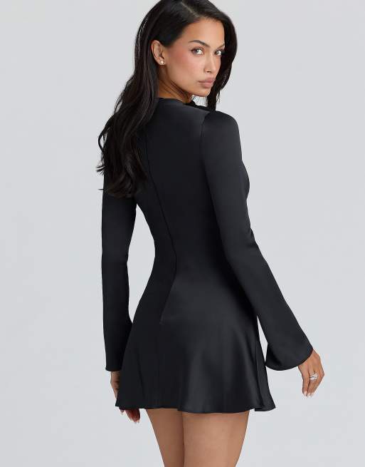 House of CB Lulu black satin long sleeve mini dress in black | ASOS