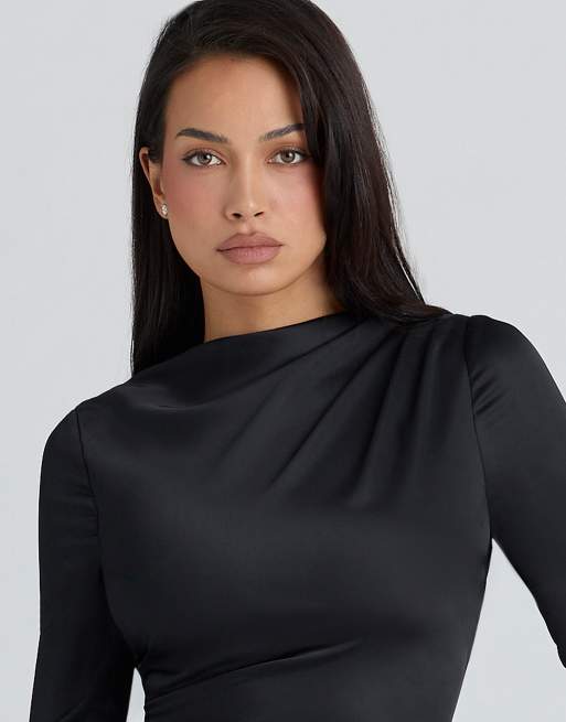 House of CB Lulu black satin long sleeve mini dress in black | ASOS