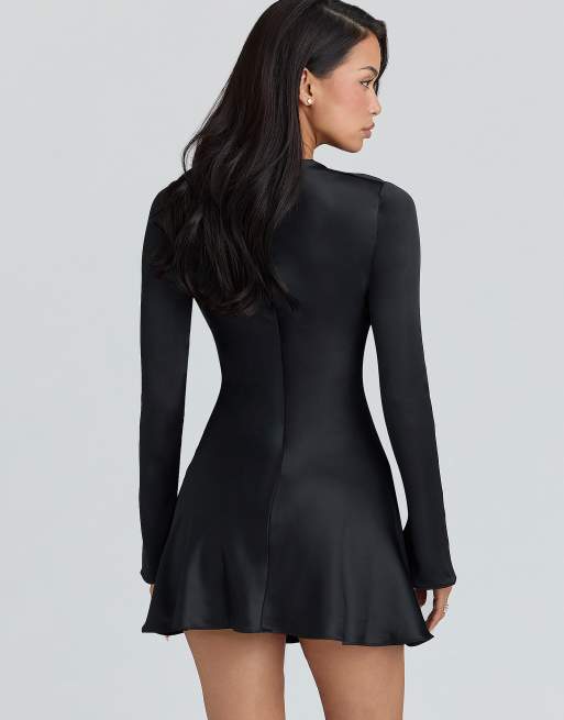 House of CB Lulu black satin long sleeve mini dress in black | ASOS