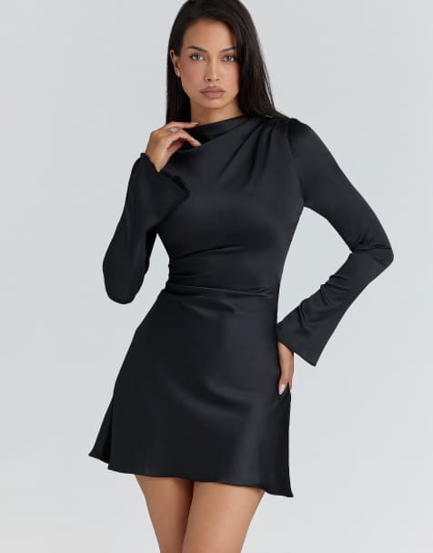 House of CB Lulu robe courte en satin à manches longues noire - view 1