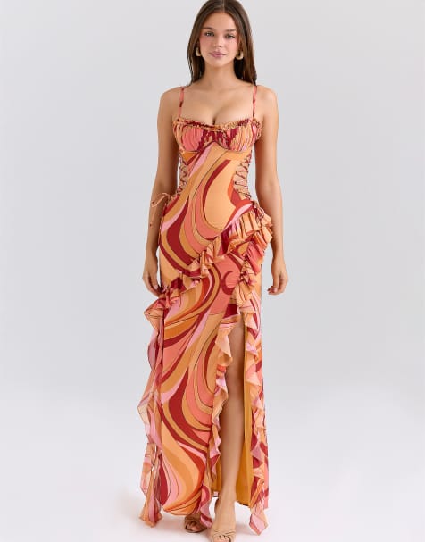 House of CB Lumira sunset swirl print ruffle cut out maxi dress in sunset swirl