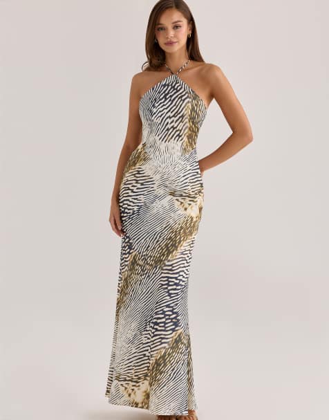 House of CB Luna animal print satin halter neck maxi slip dress in animal print