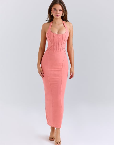 House of CB Lusilla coral stretch mesh halter neck midi dress in coral