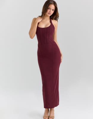 strapless open back dress House of CB Purple Esme Grape Lurex Chiffon Maxi Dress UK S main image 1