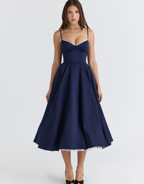 House of CB Mademoiselle navy satin tulle midi dress in navy