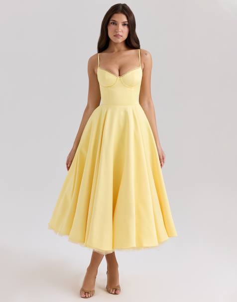 House of CB Mademoiselle satin tulle midi dress in sunshine yellow