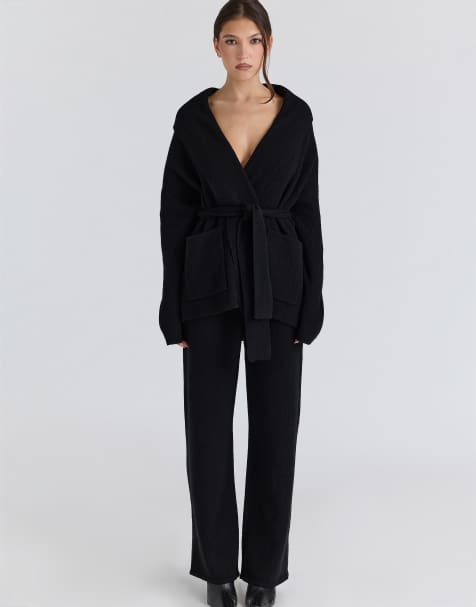 House of CB Madison black pure wool draped front cardigan in black