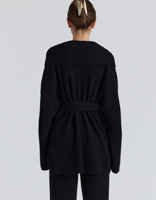 House of CB Madison black pure wool draped front cardigan in black, 2 of 4
