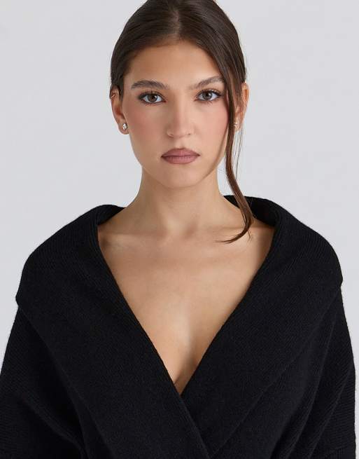 House of CB Madison black pure wool draped front cardigan in black, 3 of 4