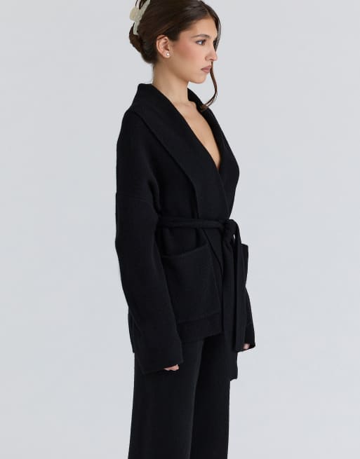 House of CB Madison black pure wool draped front cardigan in black, 4 of 4