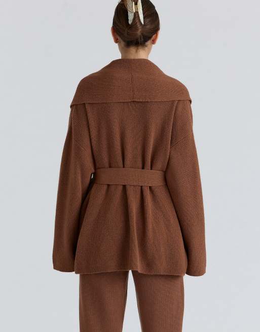 House of CB Madison tan pure wool draped front cardigan in tan, 2 of 4