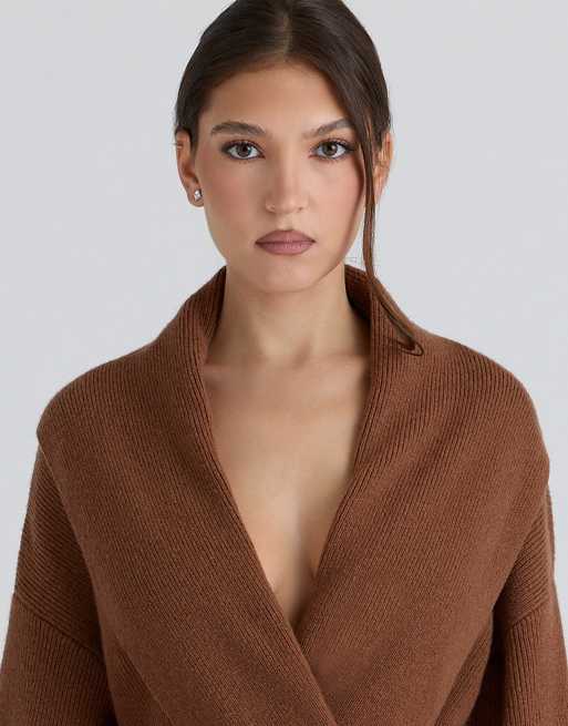 House of CB Madison tan pure wool draped front cardigan in tan, 3 of 4